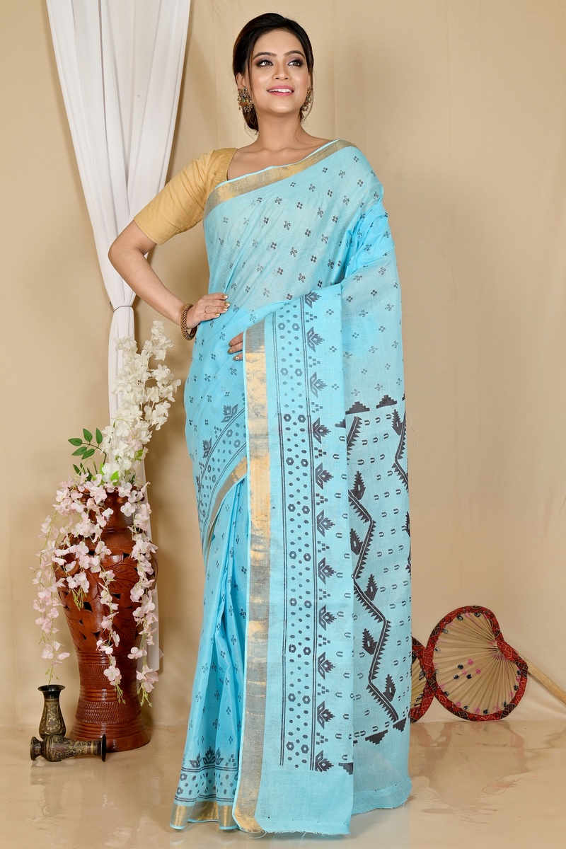 Sky Blue Pure Cotton Luvna Tant Saree Print (1755)