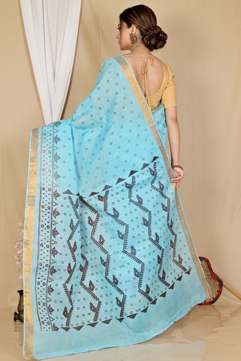 Sky Blue Pure Cotton Luvna Tant Saree Print (1755)
