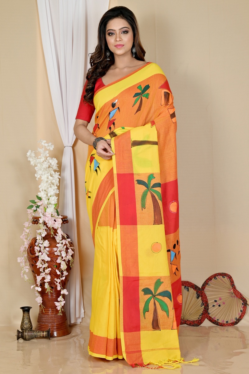 Yellow Red Pure Cotton Khadaka Kousiki Hand Painted Saree (1758)