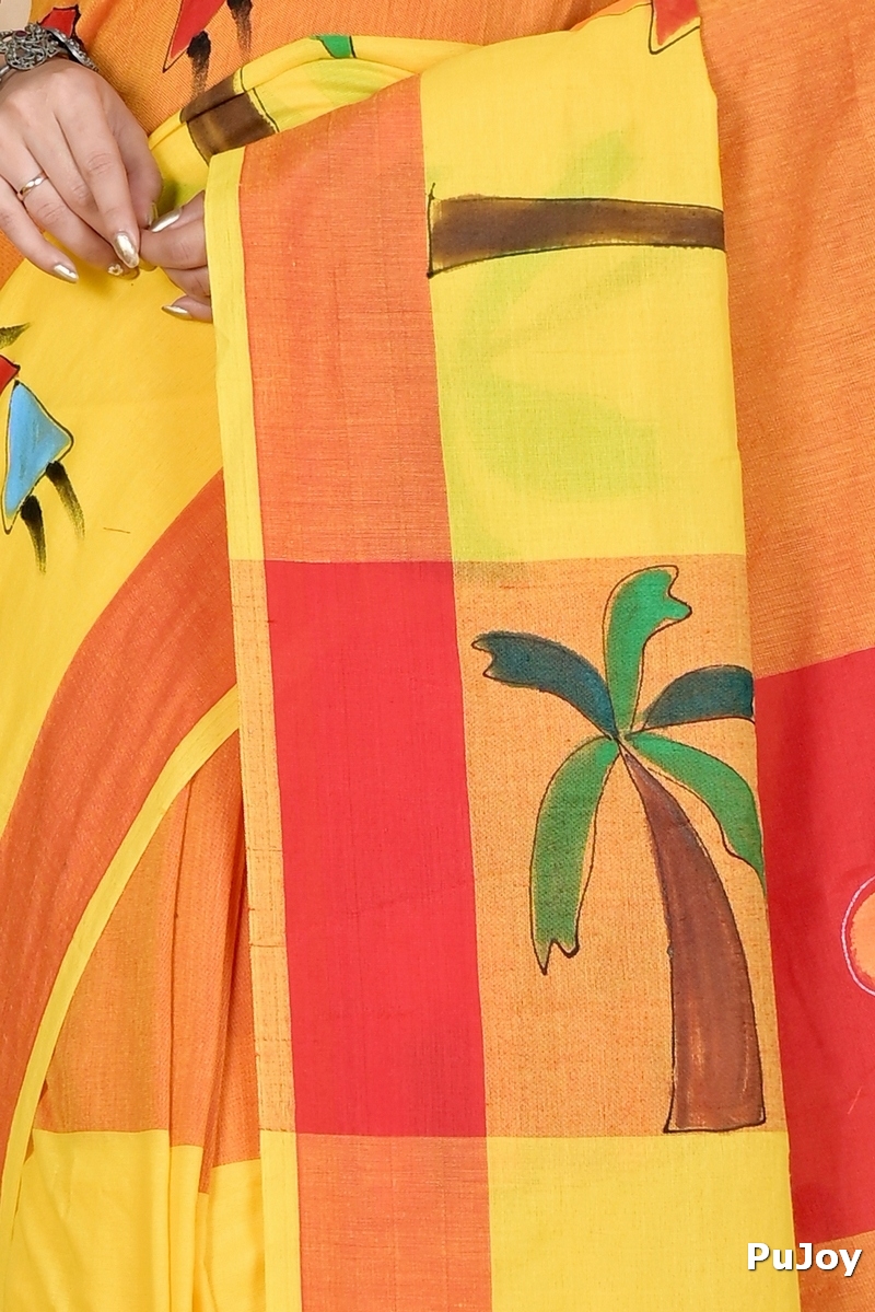 Yellow Red Pure Cotton Khadaka Kousiki Hand Painted Saree (1758)