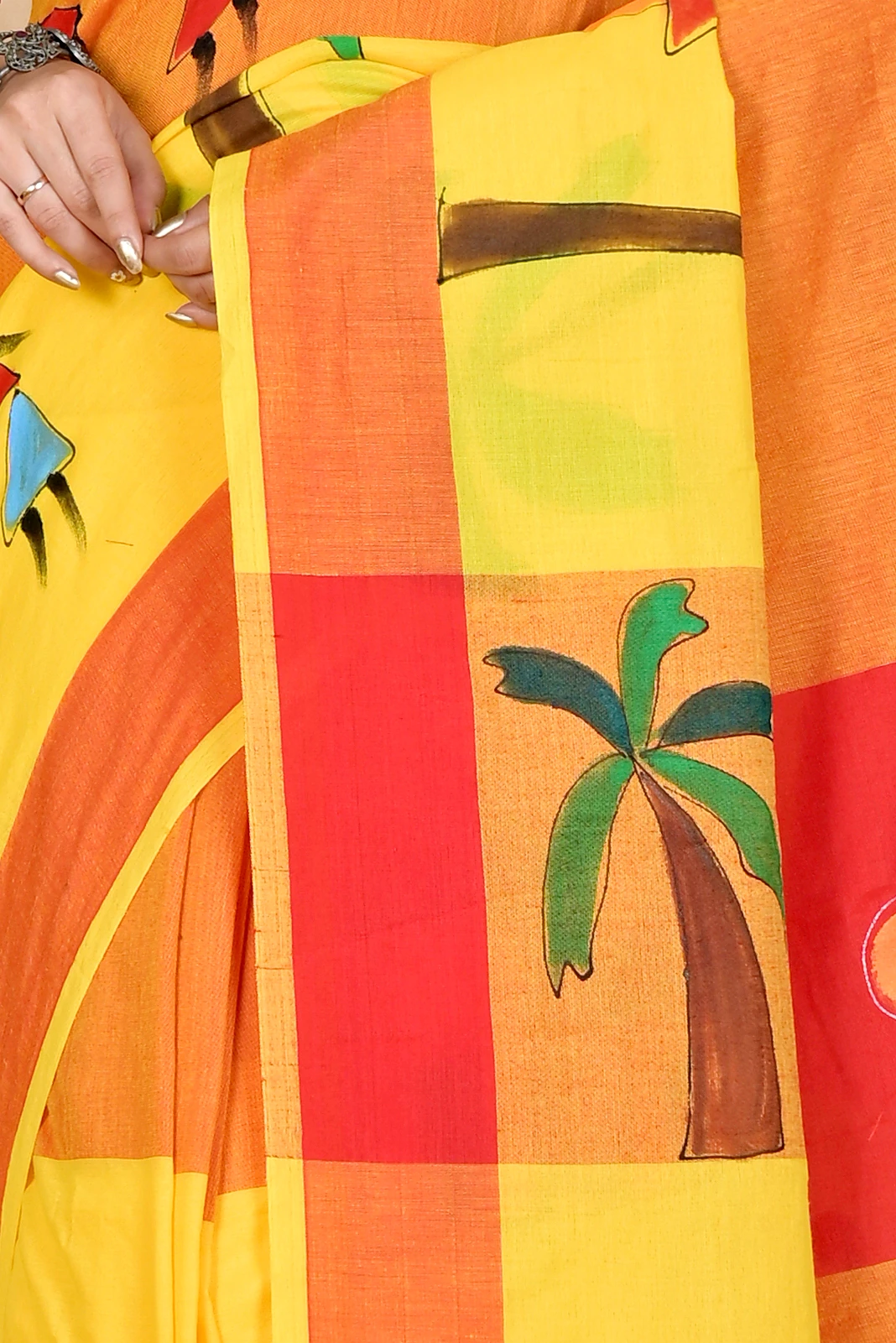 Yellow Red Pure Cotton Khadaka Kousiki Hand Painted Saree (1758)