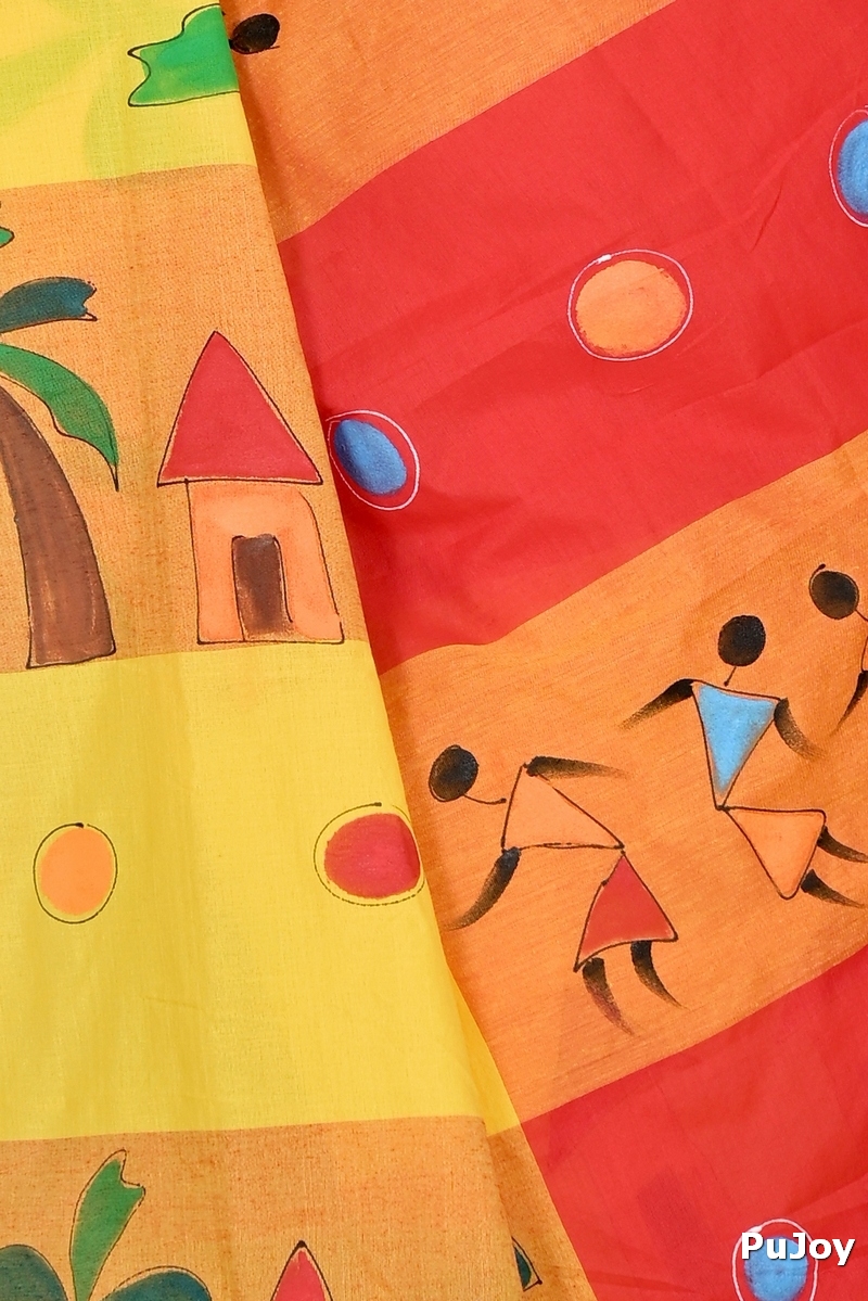 Yellow Red Pure Cotton Khadaka Kousiki Hand Painted Saree (1758)
