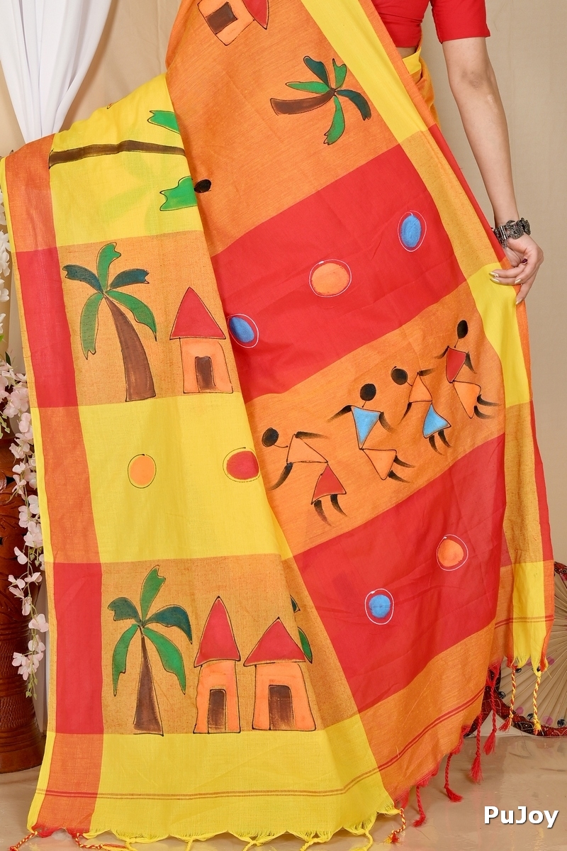 Yellow Red Pure Cotton Khadaka Kousiki Hand Painted Saree (1758)