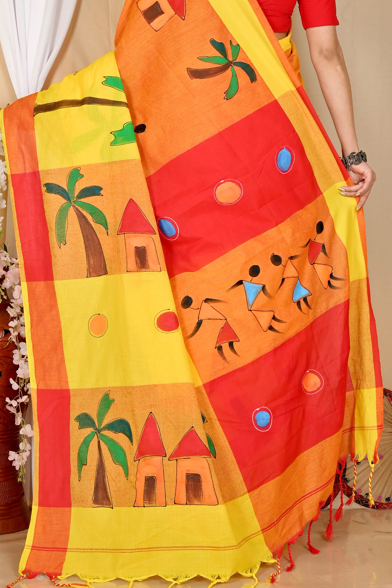 Yellow Red Pure Cotton Khadaka Kousiki Hand Painted Saree (1758)