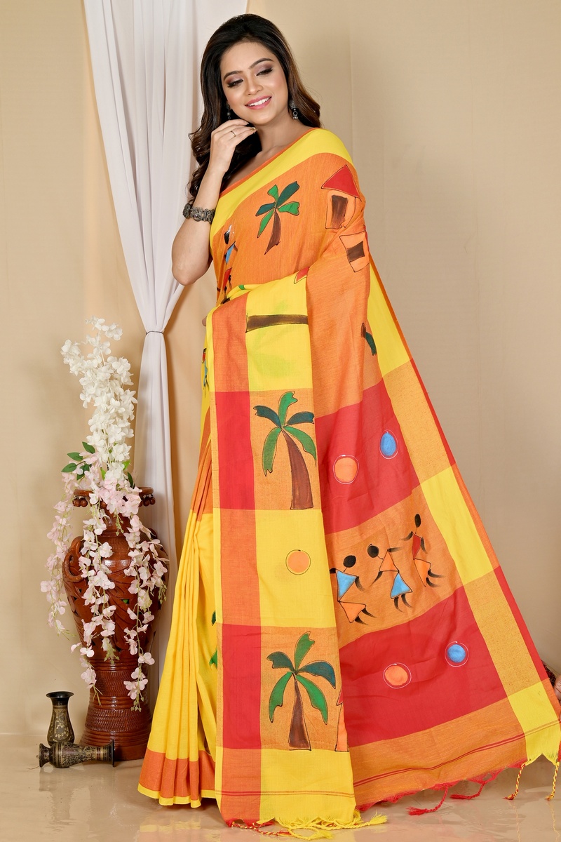 Yellow Red Pure Cotton Khadaka Kousiki Hand Painted Saree (1758)