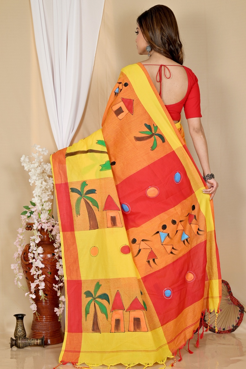 Yellow Red Pure Cotton Khadaka Kousiki Hand Painted Saree (1758)