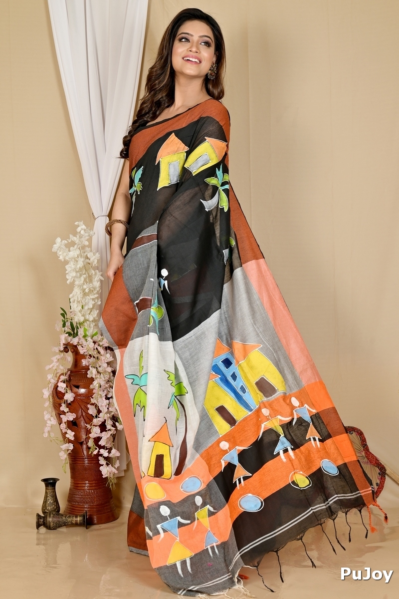 Black Grey Pure Cotton Khadaka Kousiki Hand Painted Saree (1759)
