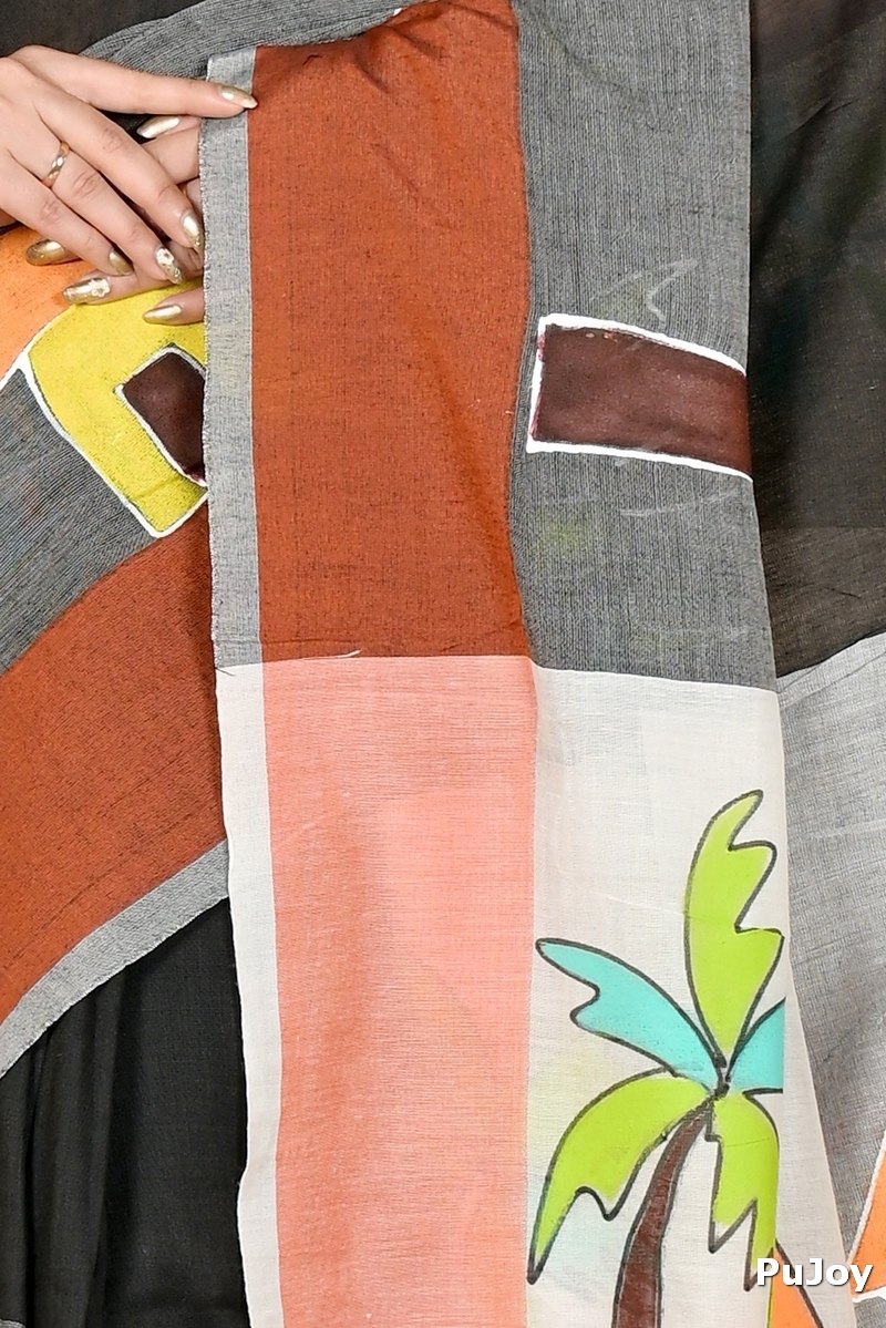 Black Grey Pure Cotton Khadaka Kousiki Hand Painted Saree (1759)