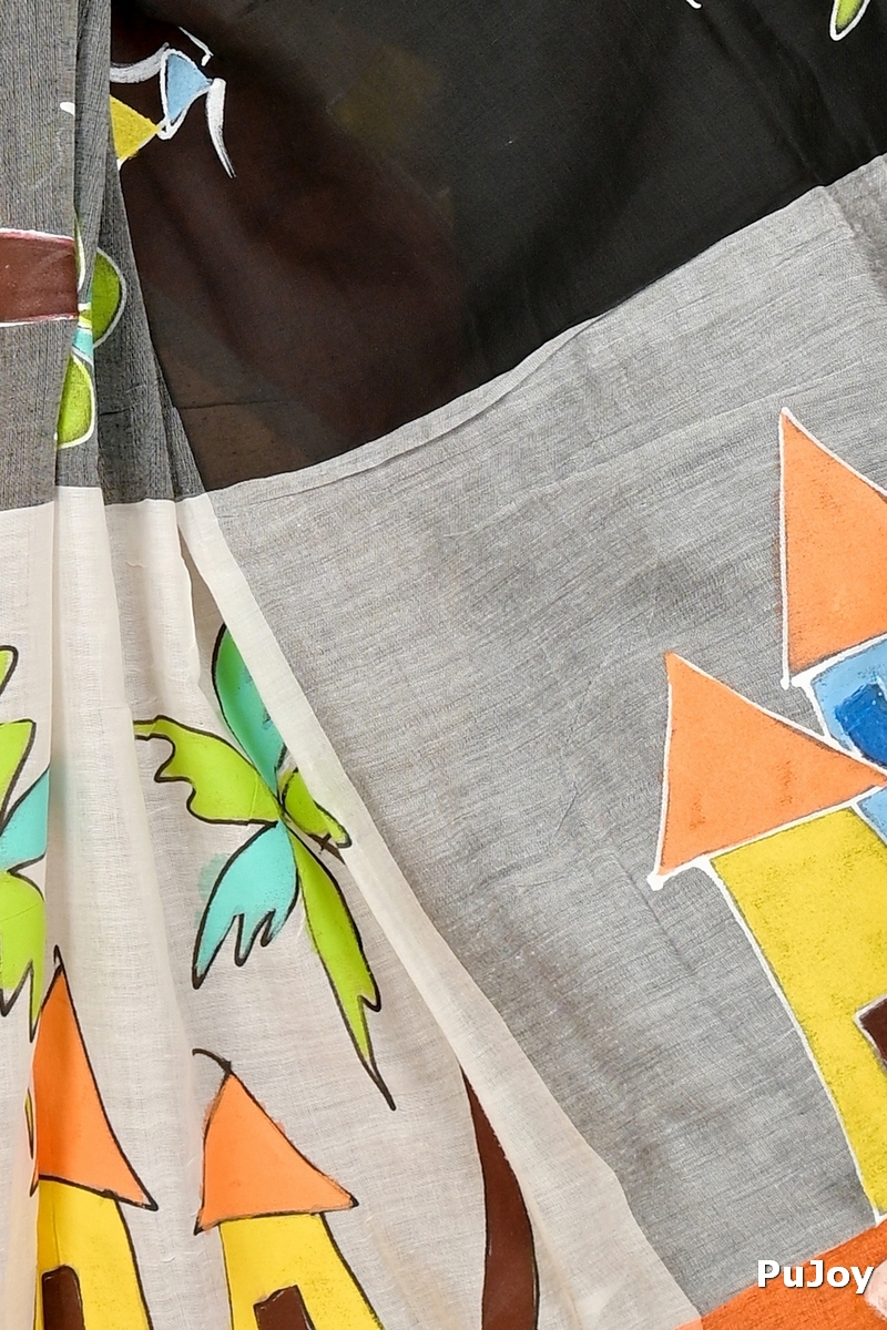 Black Grey Pure Cotton Khadaka Kousiki Hand Painted Saree (1759)