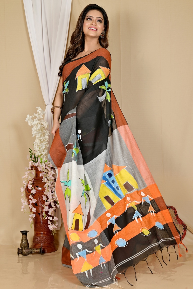 Black Grey Pure Cotton Khadaka Kousiki Hand Painted Saree (1759)