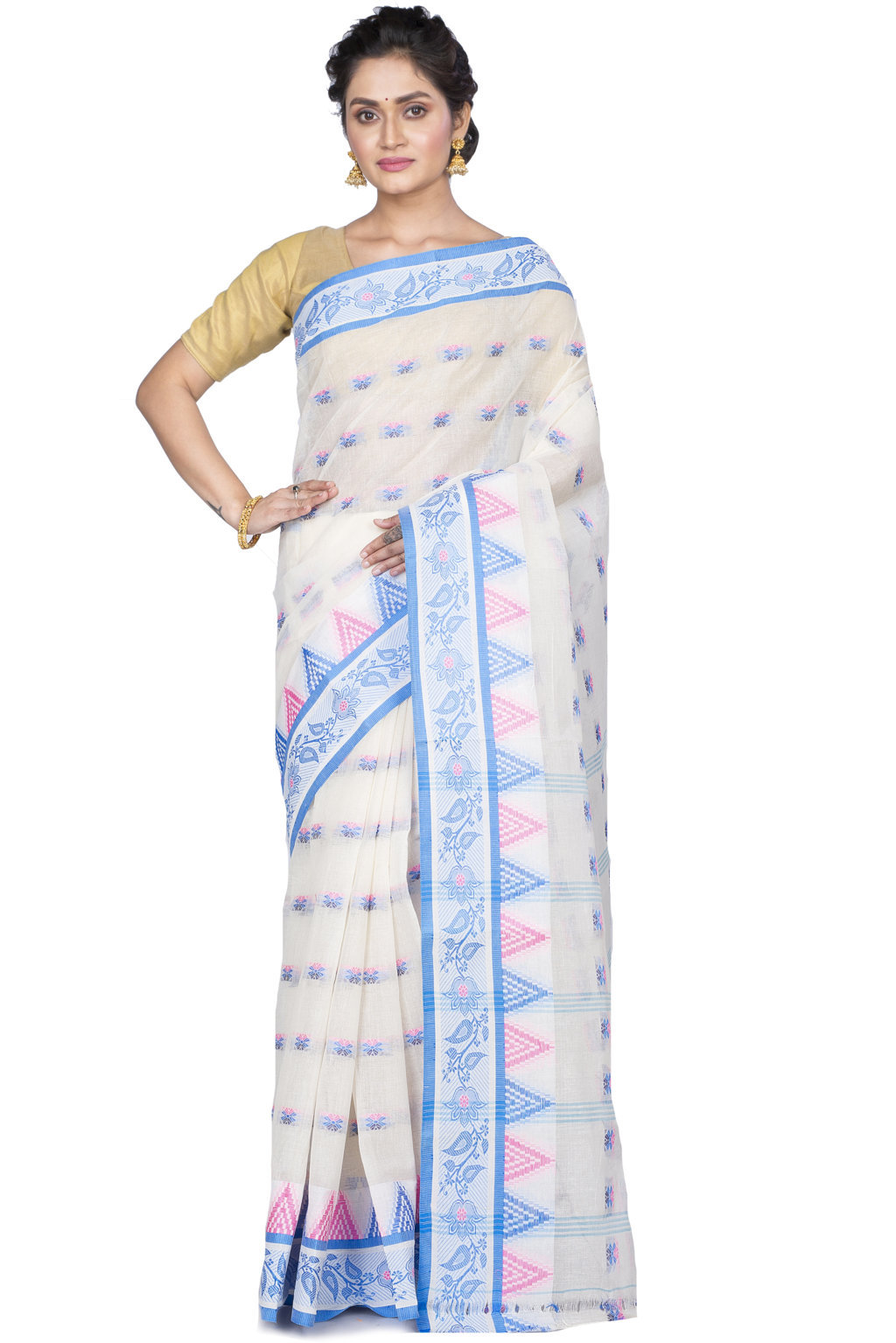 Sky Blue Pure Cotton Alkari Tant Saree (176)