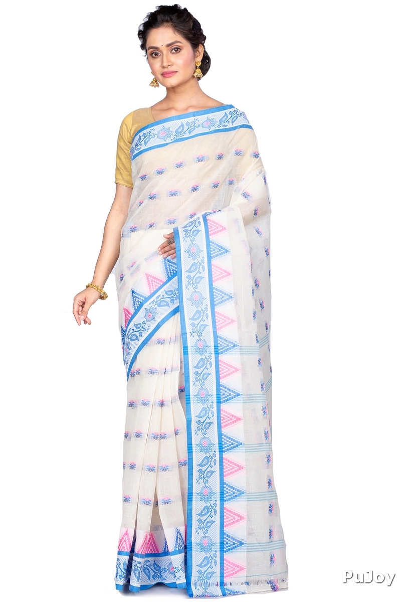 Sky Blue Pure Cotton Alkari Tant Saree (176)