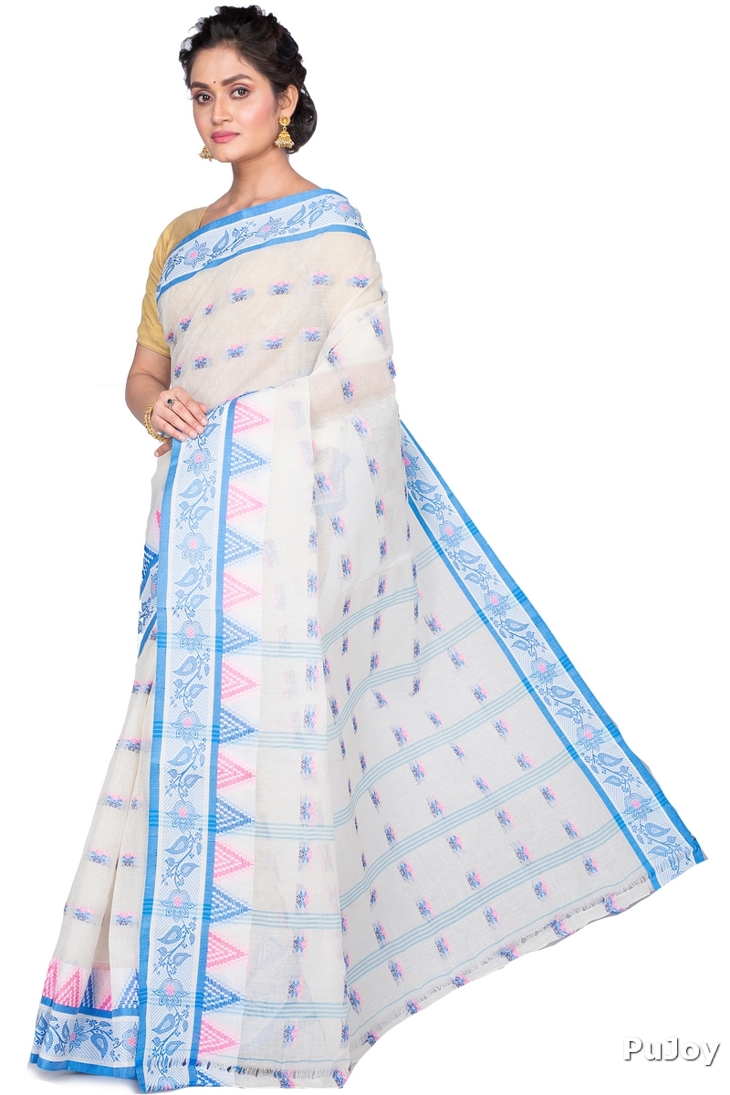 Sky Blue Pure Cotton Alkari Tant Saree (176)