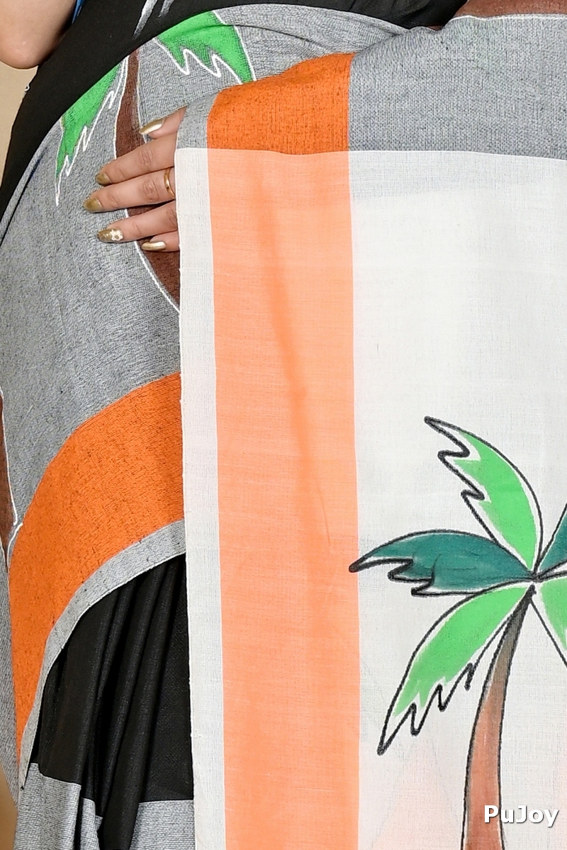 Black Grey Pure Cotton Khadaka Kousiki Hand Painted Saree (1760)