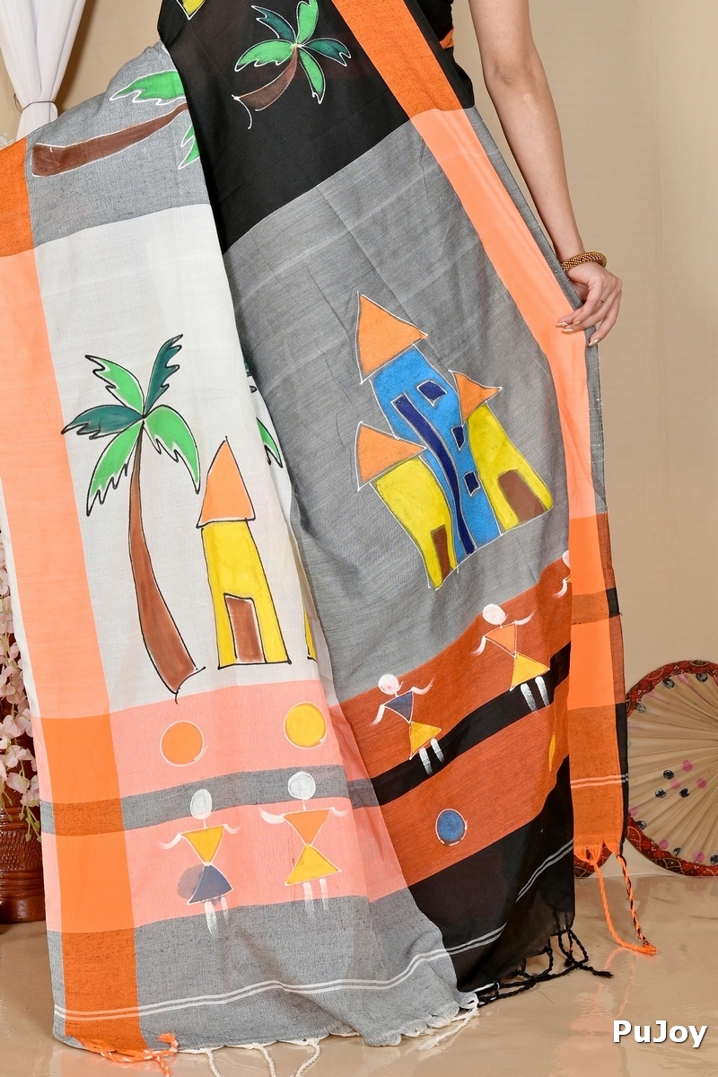 Black Grey Pure Cotton Khadaka Kousiki Hand Painted Saree (1760)