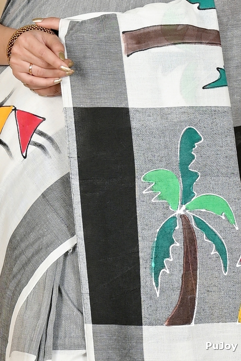 White Black Pure Cotton Khadaka Kousiki Hand Painted Saree (1761)
