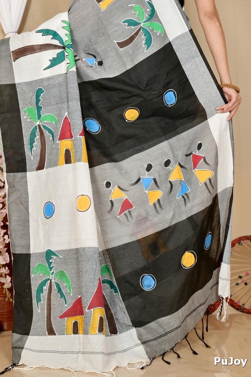 White Black Pure Cotton Khadaka Kousiki Hand Painted Saree (1761)