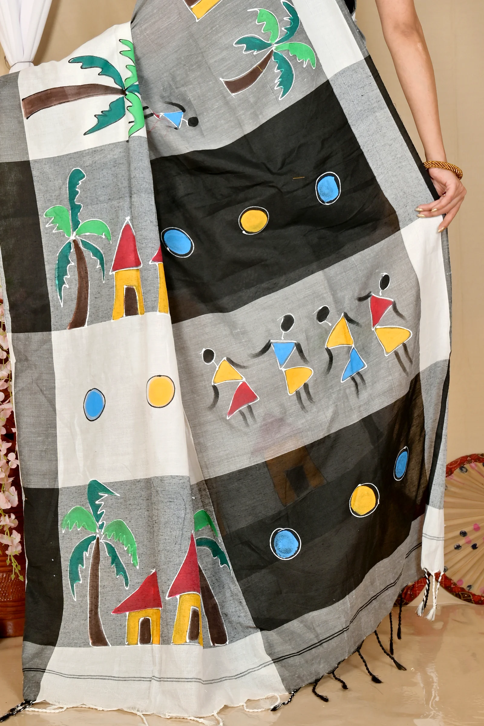 White Black Pure Cotton Khadaka Kousiki Hand Painted Saree (1761)
