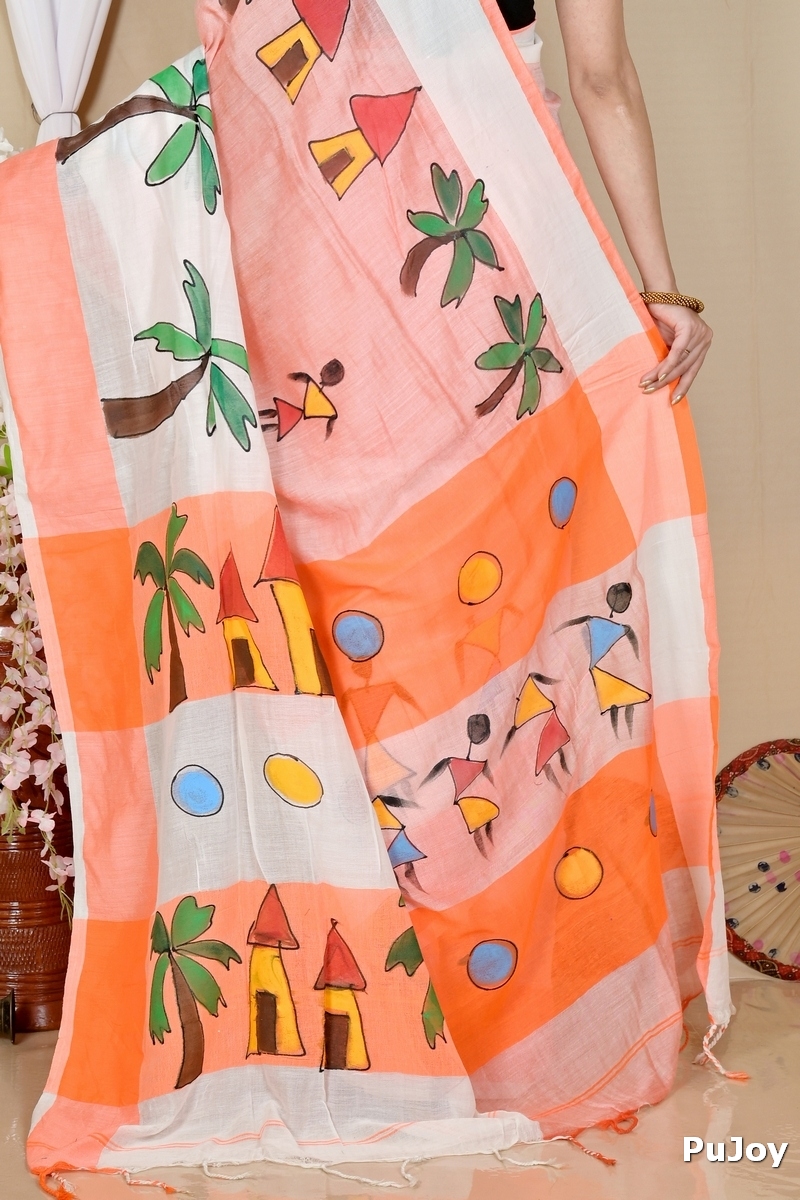 White Orange Pure Cotton Khadaka Kousiki Hand Painted Saree (1762)
