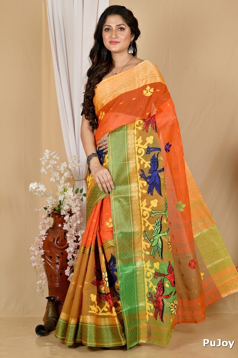 Orange Pure Cotton Embi Ganga Bok Tant Embroidery (1765)