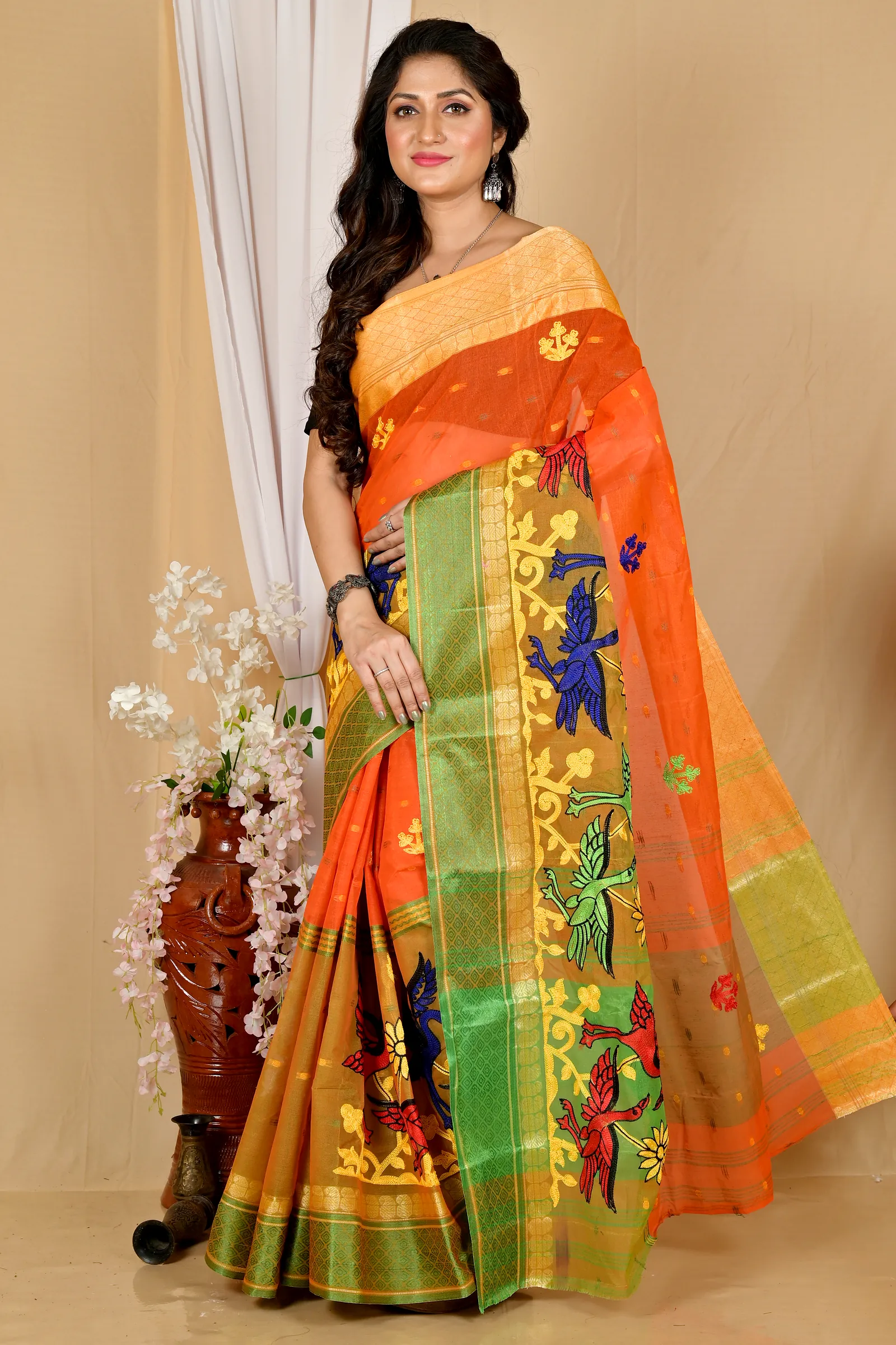 Orange Pure Cotton Embi Ganga Bok Tant Embroidery (1765)