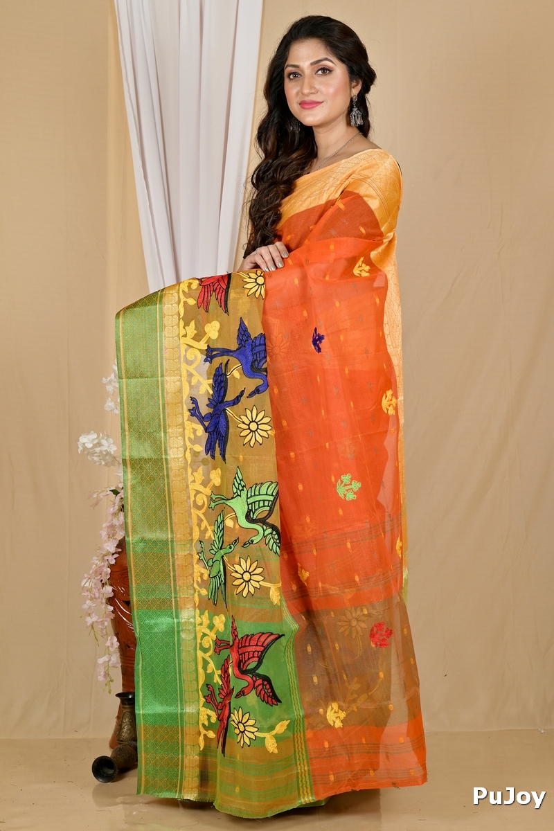 Orange Pure Cotton Embi Ganga Bok Tant Embroidery (1765)