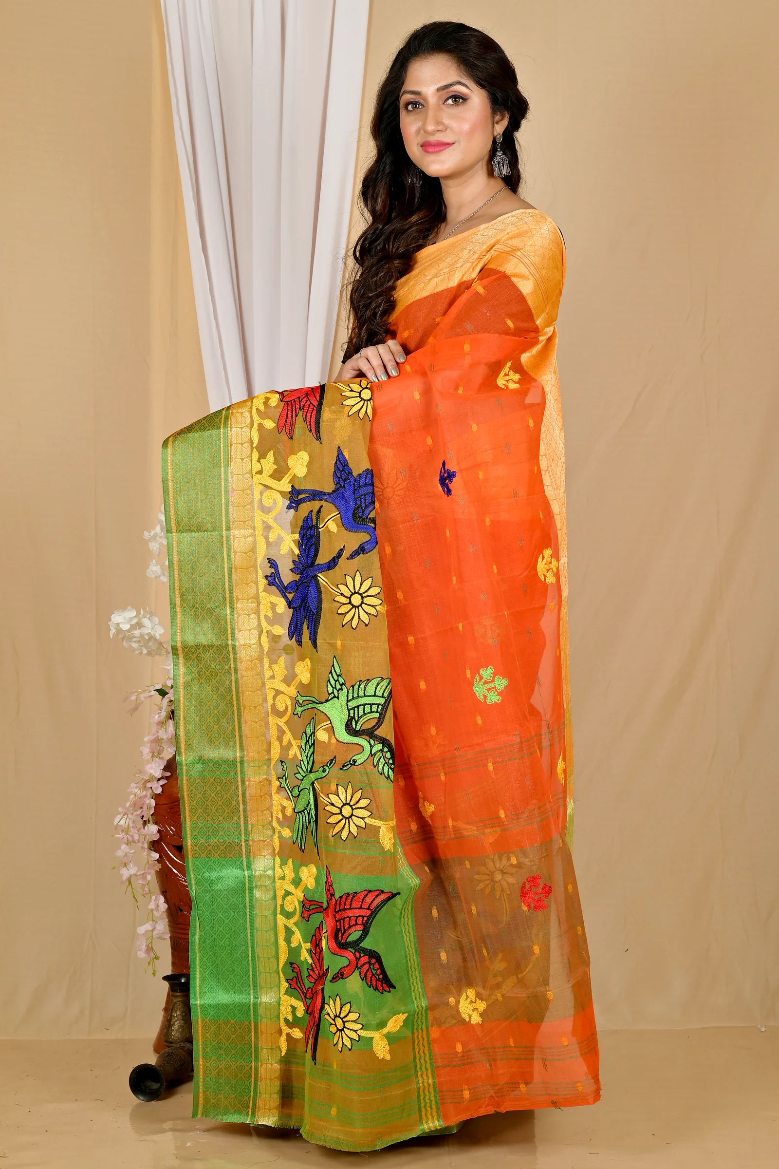 Orange Pure Cotton Embi Ganga Bok Tant Embroidery (1765)