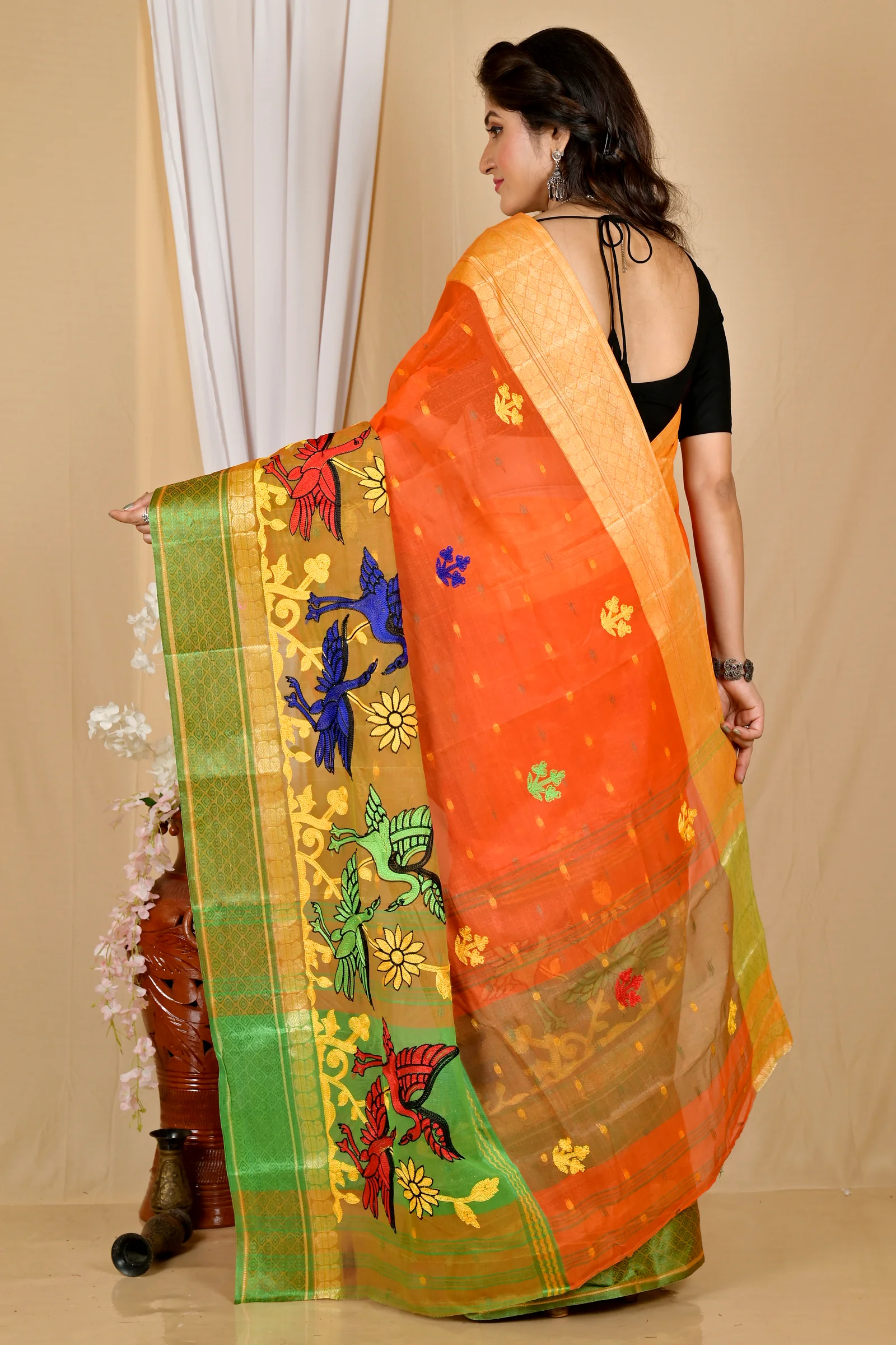 Orange Pure Cotton Embi Ganga Bok Tant Embroidery (1765)