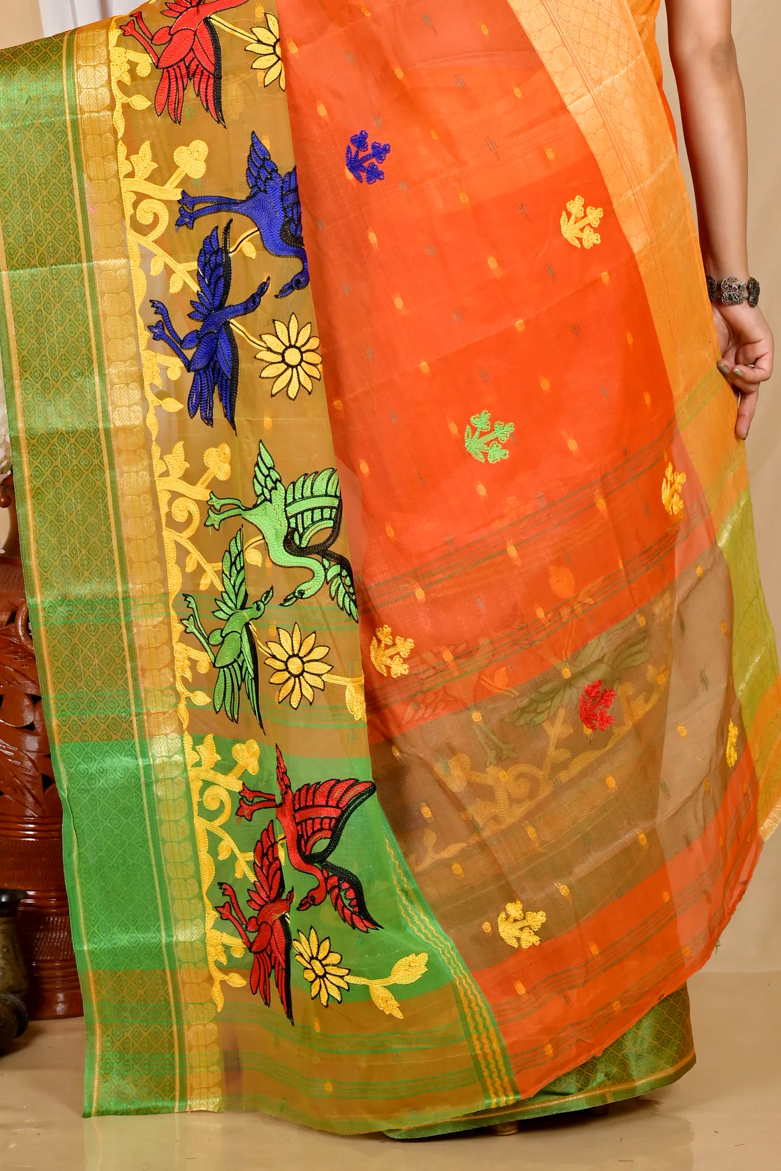 Orange Pure Cotton Embi Ganga Bok Tant Embroidery (1765)