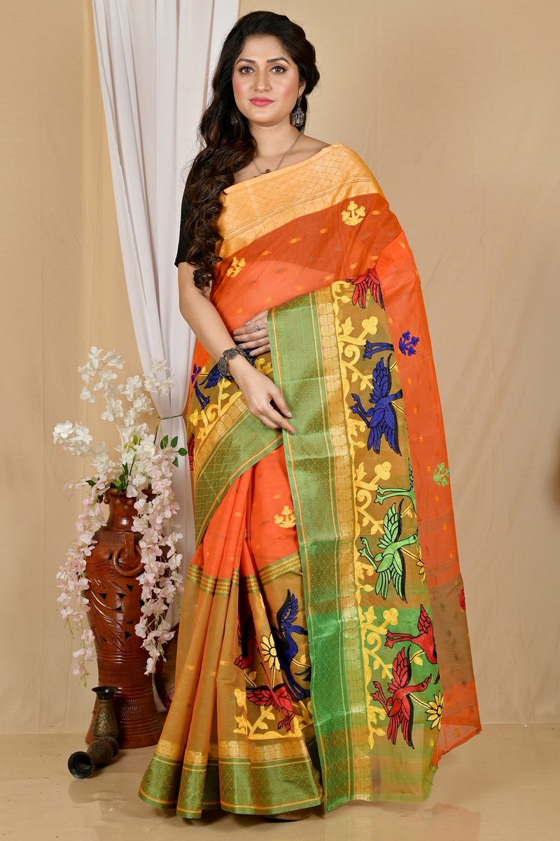 Orange Pure Cotton Embi Ganga Bok Tant Embroidery (1765)