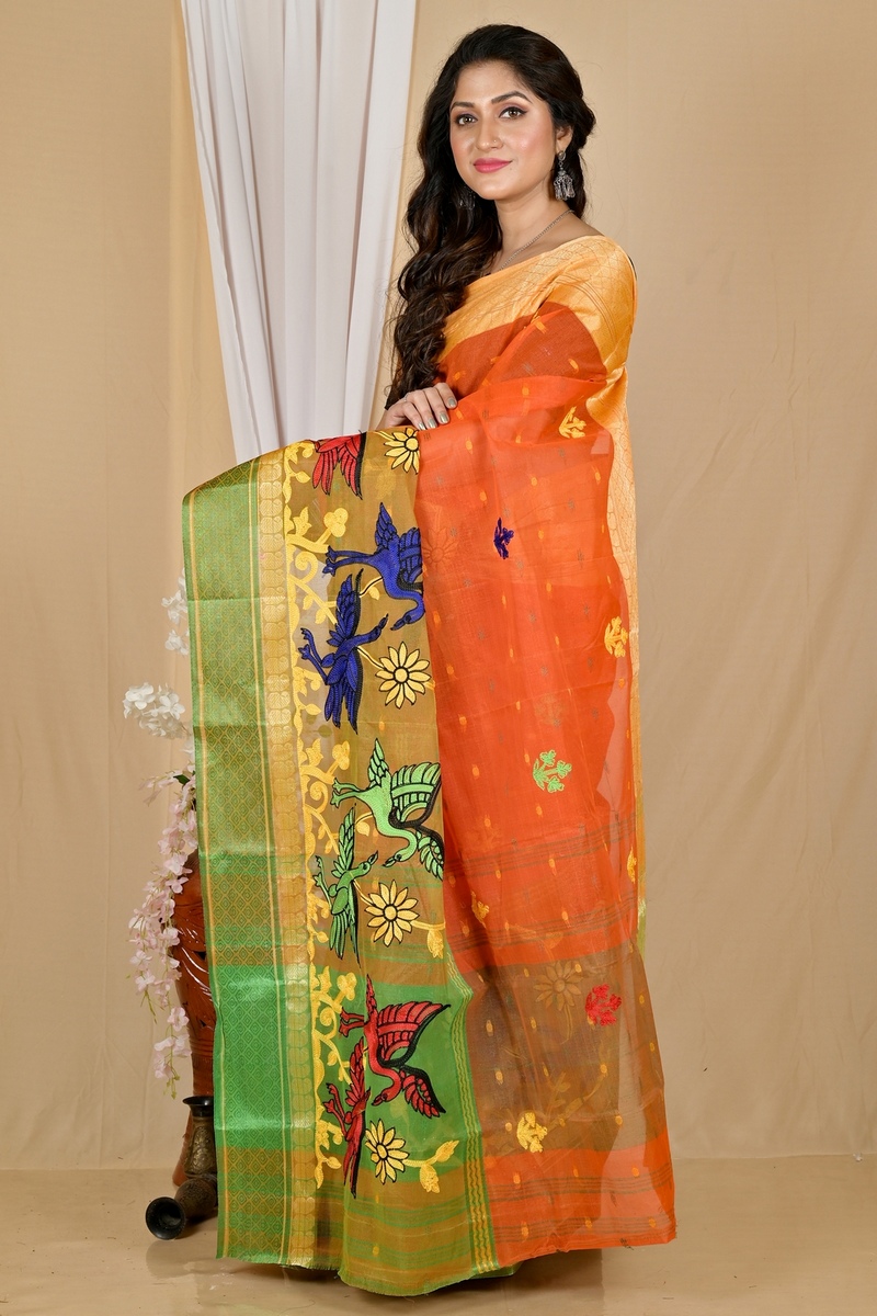 Orange Pure Cotton Embi Ganga Bok Tant Embroidery (1765)