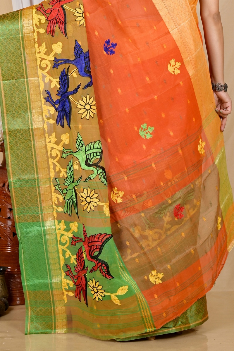 Orange Pure Cotton Embi Ganga Bok Tant Embroidery (1765)