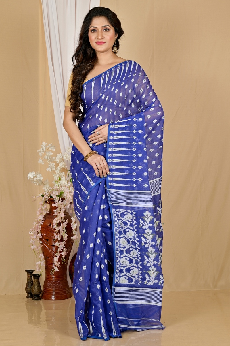 Blue Blended Cotton Rapial Jamdani Saree (1766)
