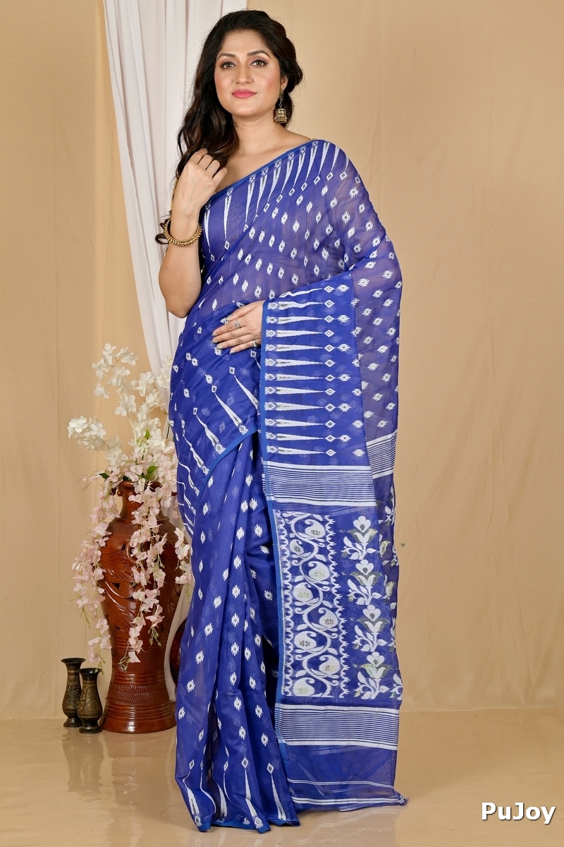 Blue Blended Cotton Rapial Jamdani Saree (1766)