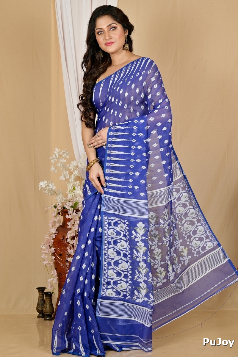 Blue Blended Cotton Rapial Jamdani Saree (1766)