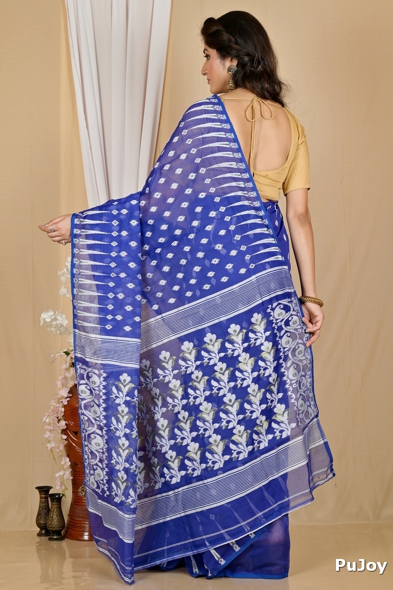 Blue Blended Cotton Rapial Jamdani Saree (1766)