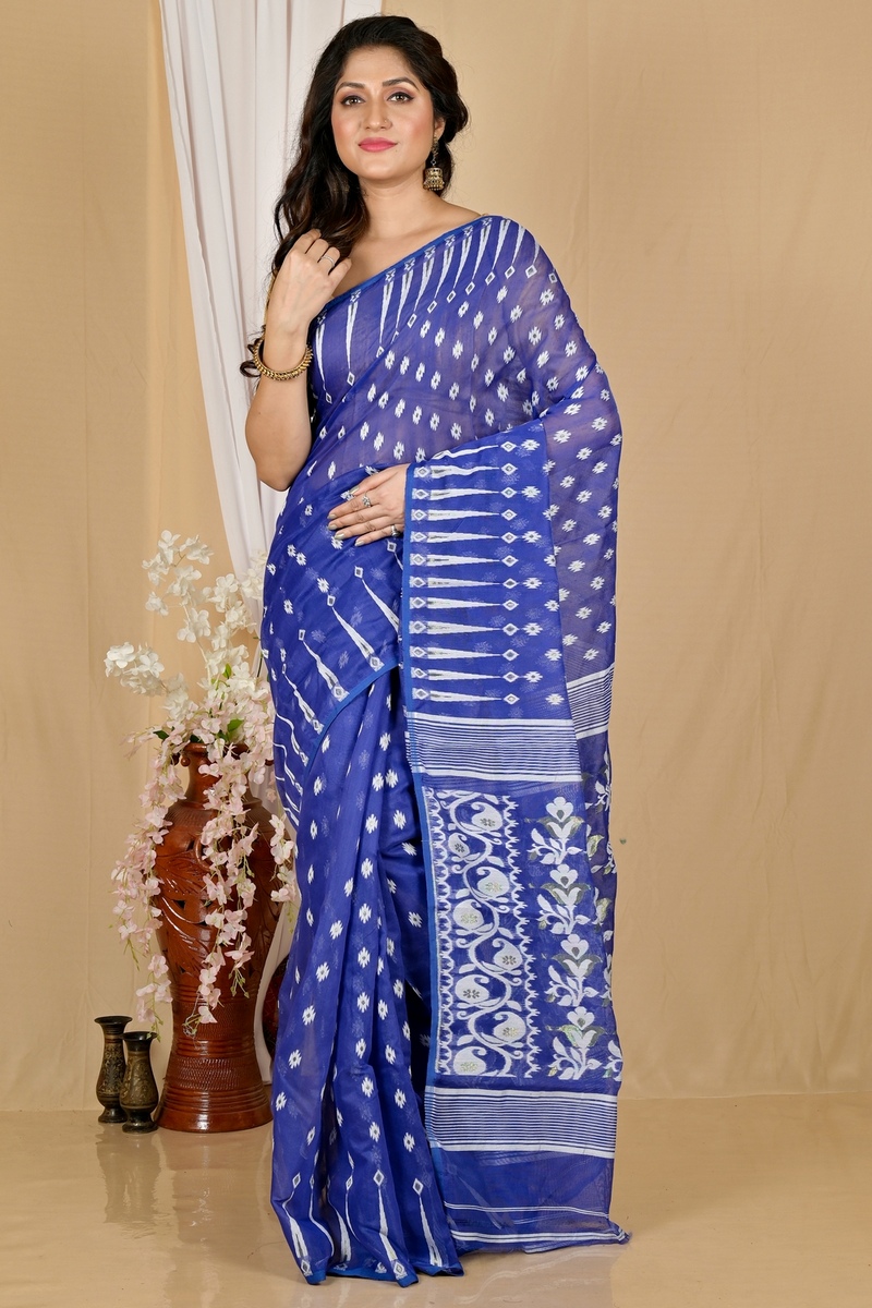 Blue Blended Cotton Rapial Jamdani Saree (1766)