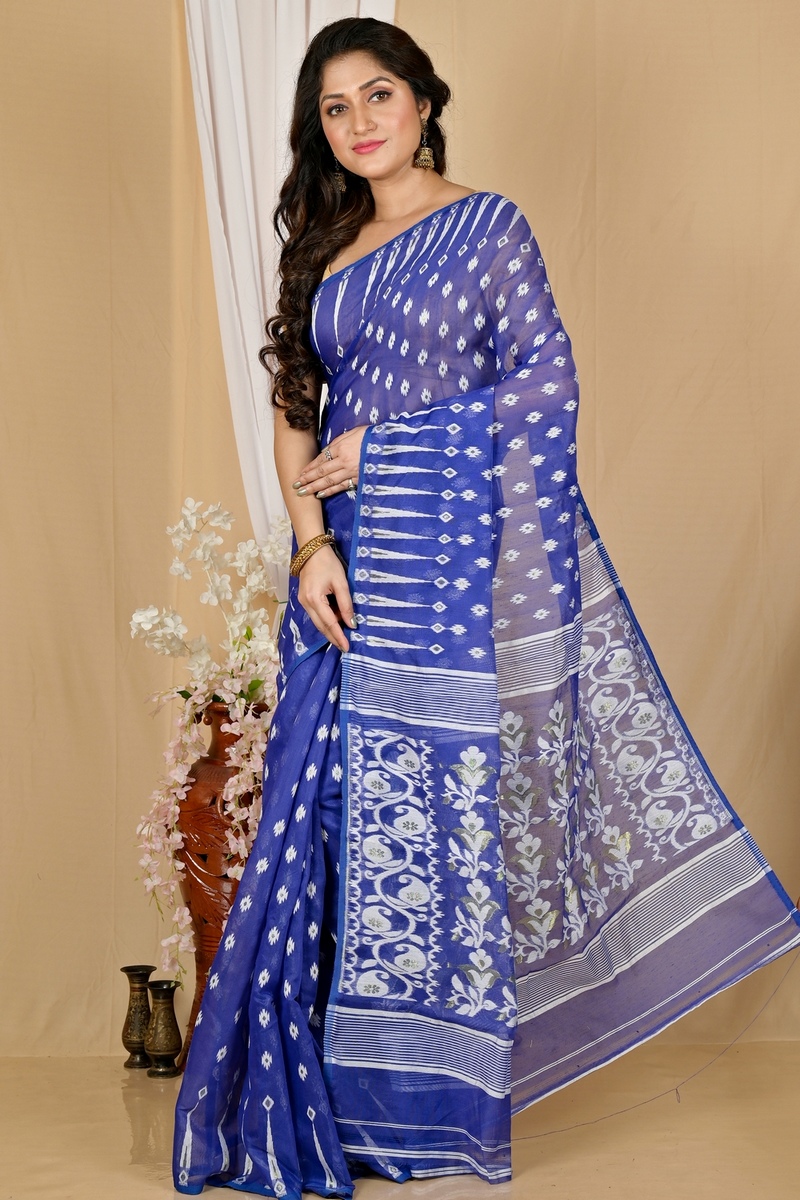 Blue Blended Cotton Rapial Jamdani Saree (1766)