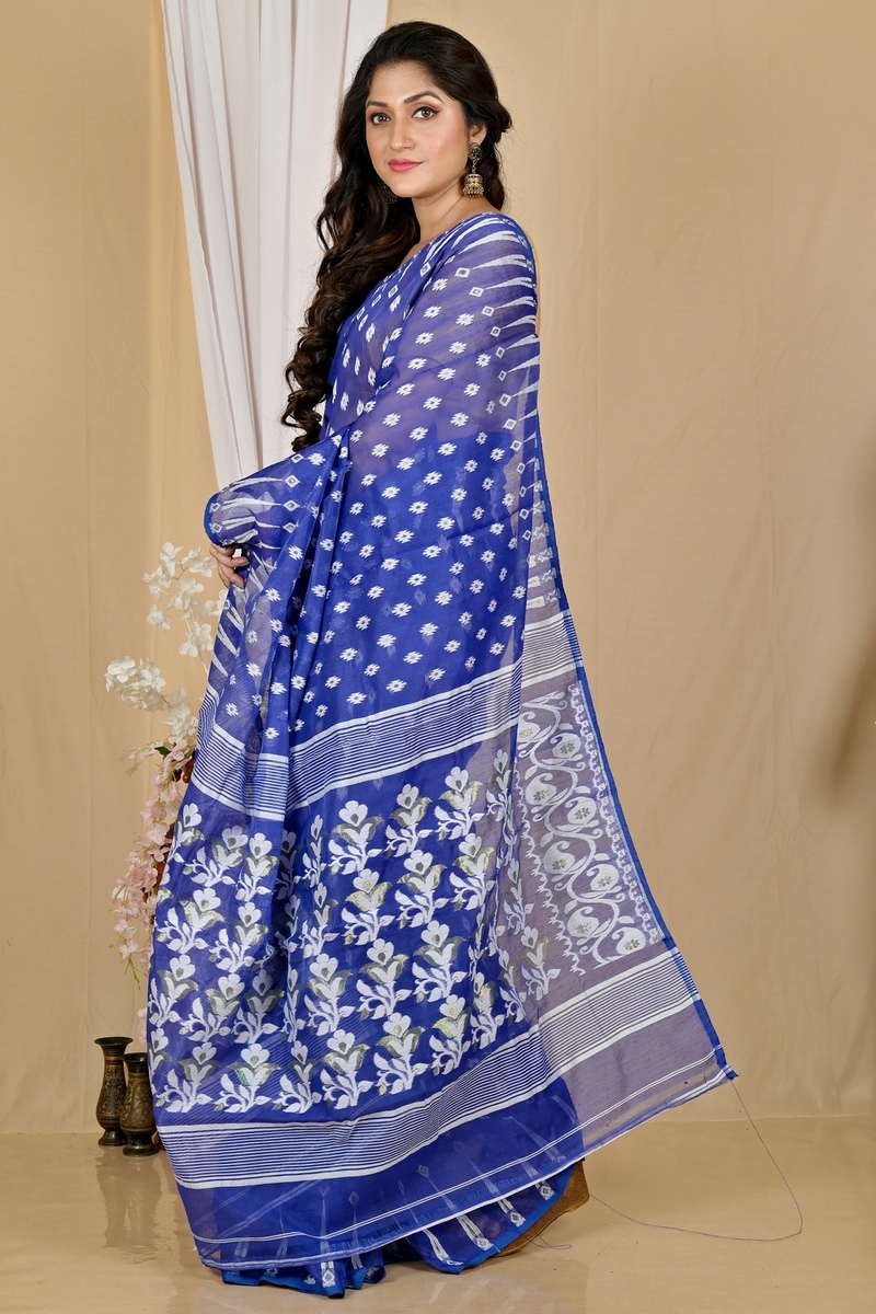 Blue Blended Cotton Rapial Jamdani Saree (1766)
