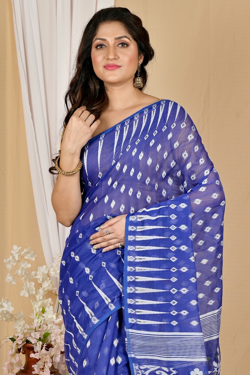 Blue Blended Cotton Rapial Jamdani Saree (1766)