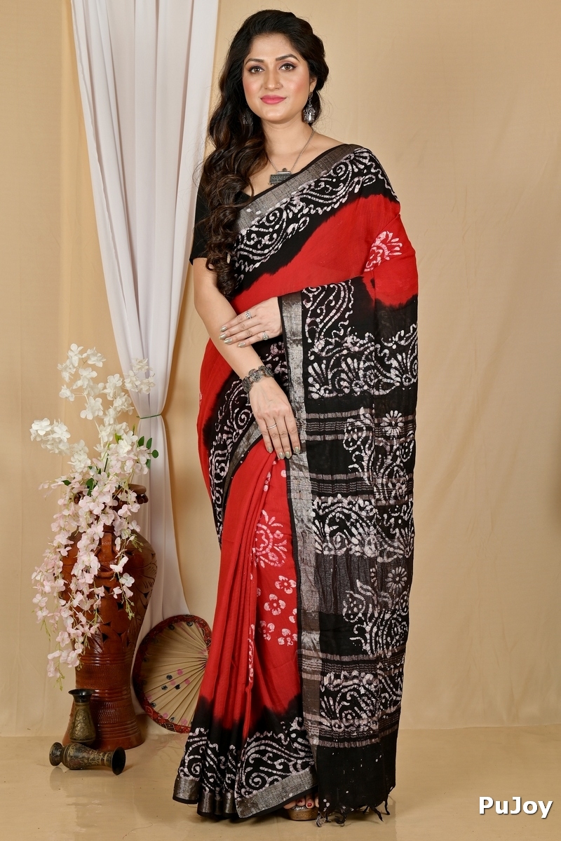 Red Black Pure Cotton Batikato Batik Print Saree (1768)
