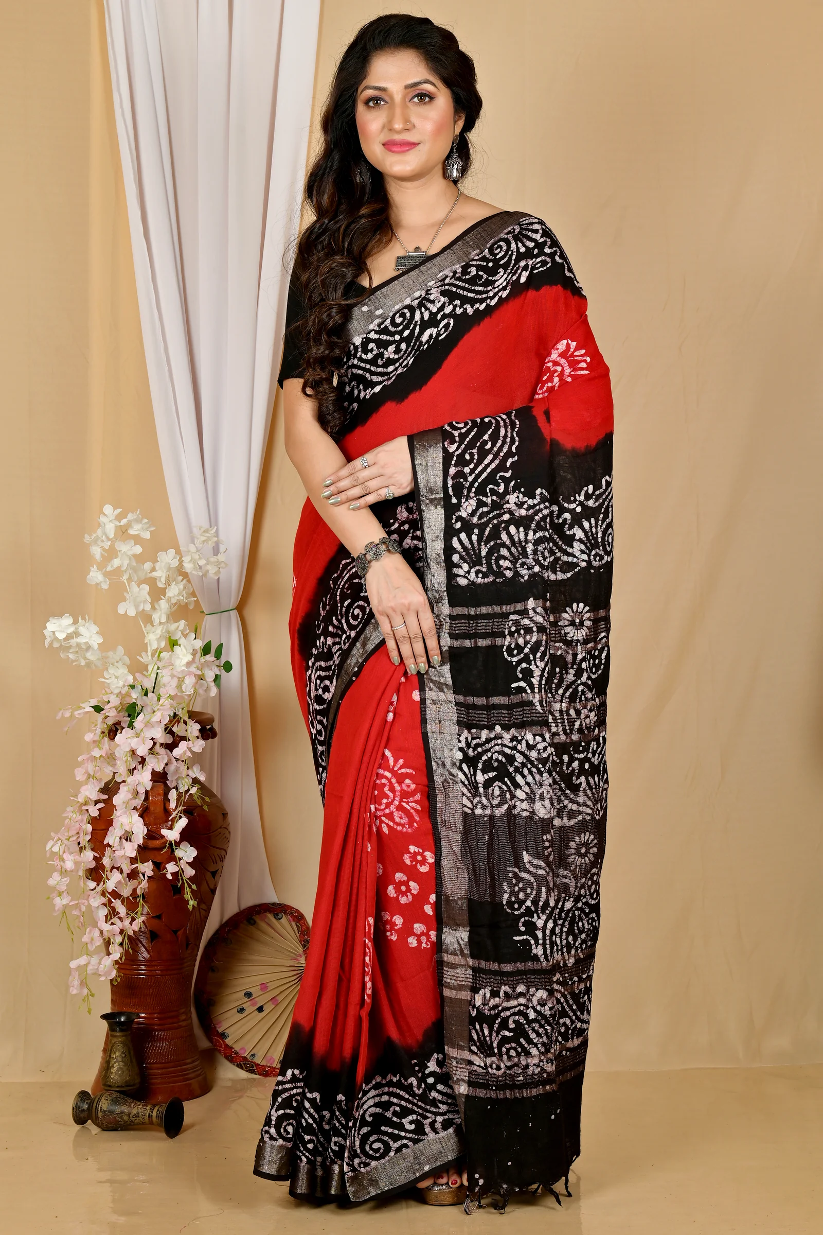 Red Black Pure Cotton Batikato Batik Print Saree (1768)