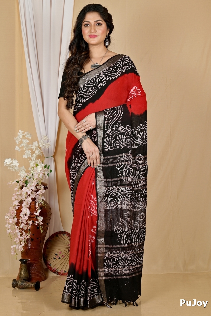 Red Black Pure Cotton Batikato Batik Print Saree (1768)