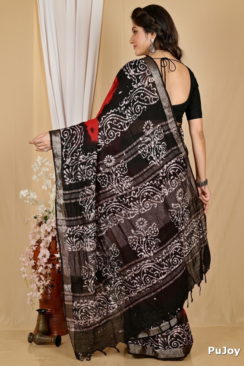 Red Black Pure Cotton Batikato Batik Print Saree (1768)