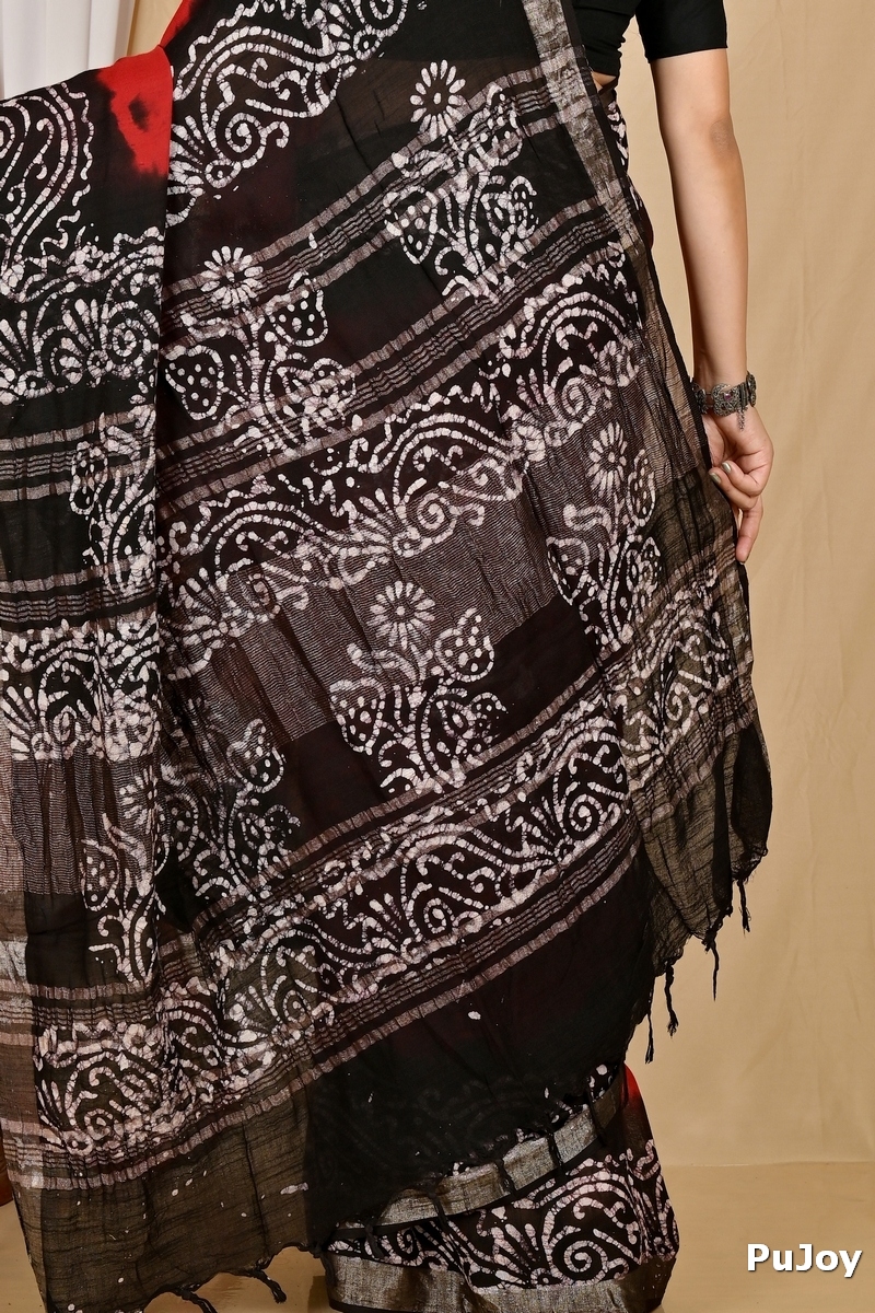 Red Black Pure Cotton Batikato Batik Print Saree (1768)