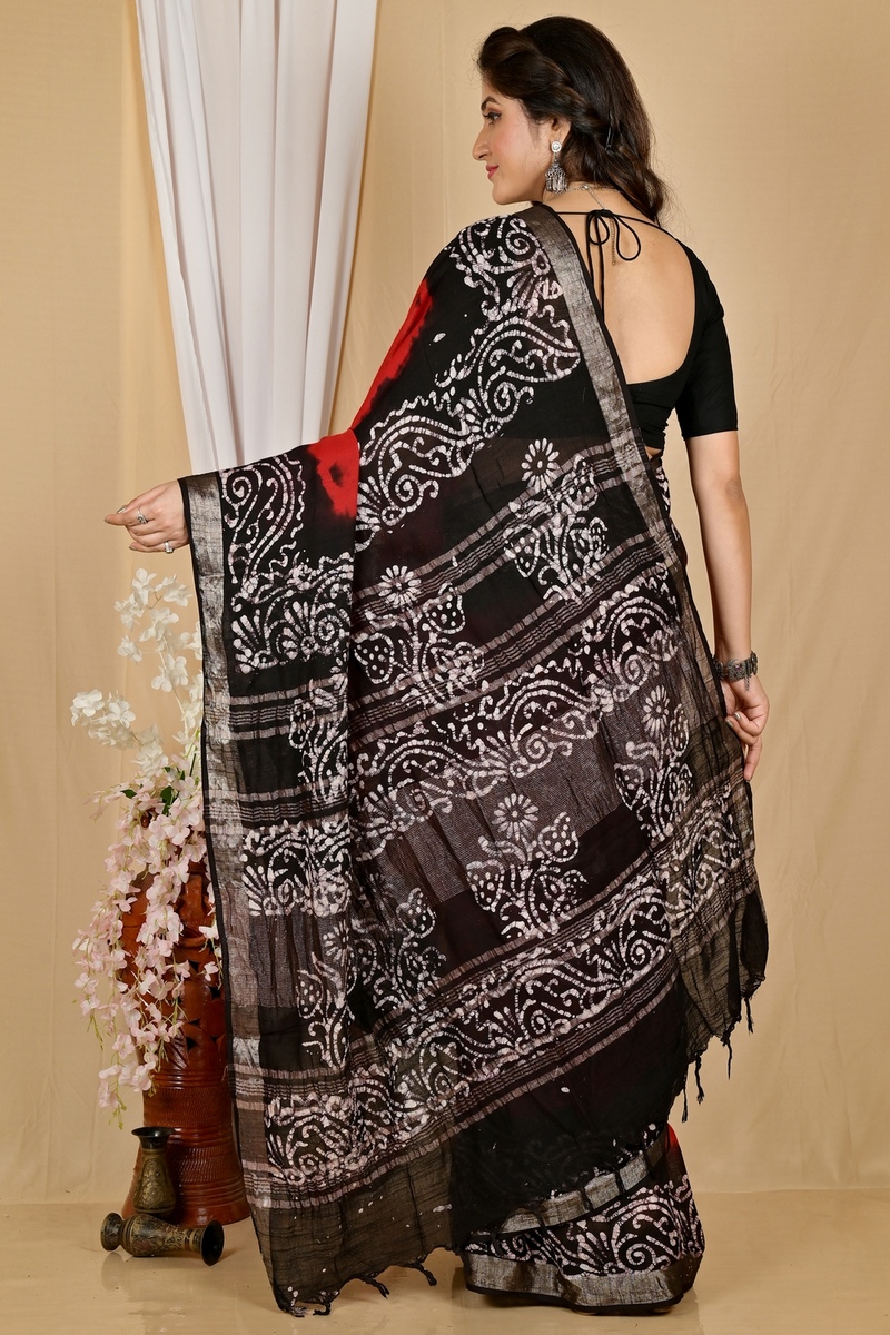 Red Black Pure Cotton Batikato Batik Print Saree (1768)