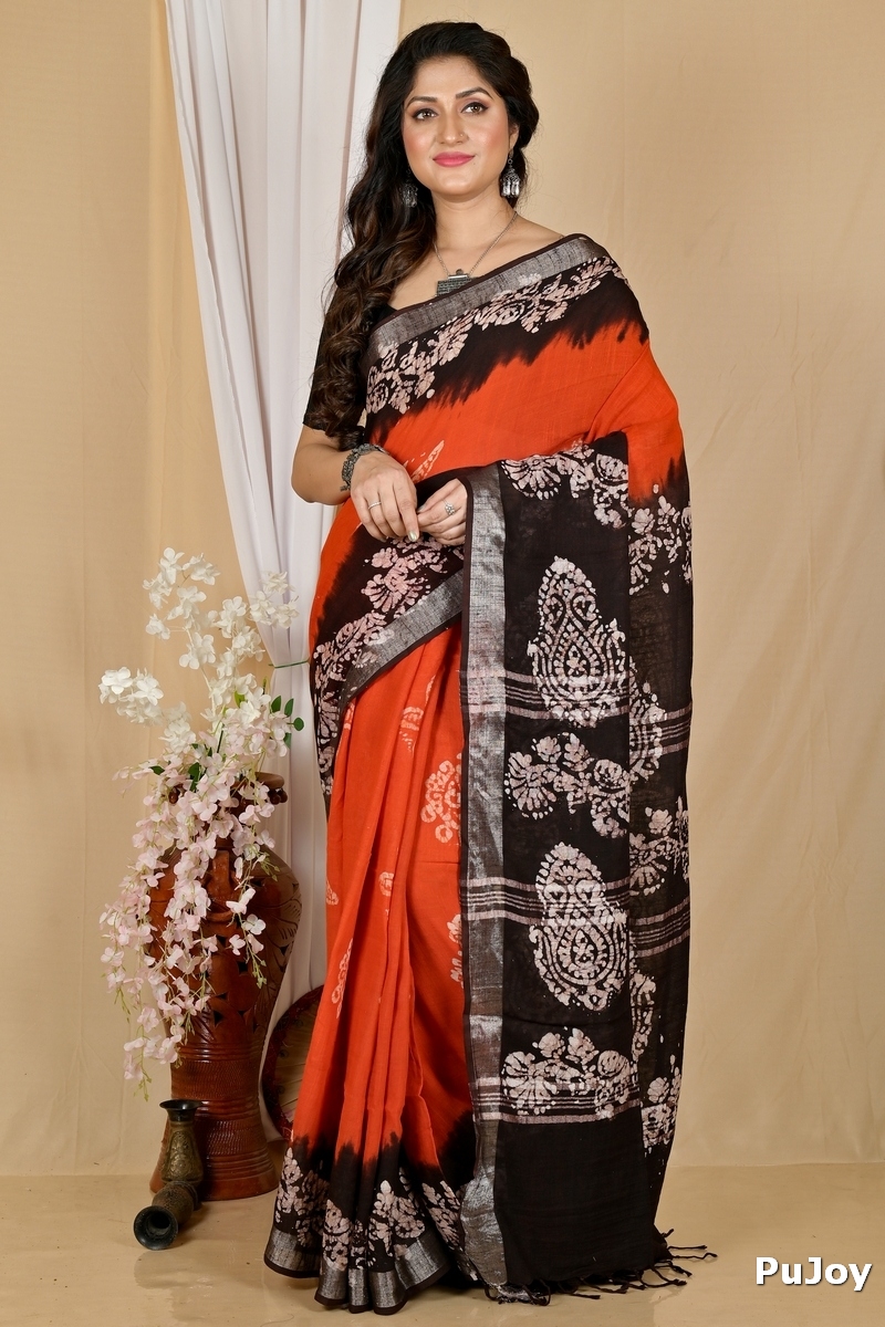 Orange Black Pure Cotton Batikato Batik Print Saree (1769)