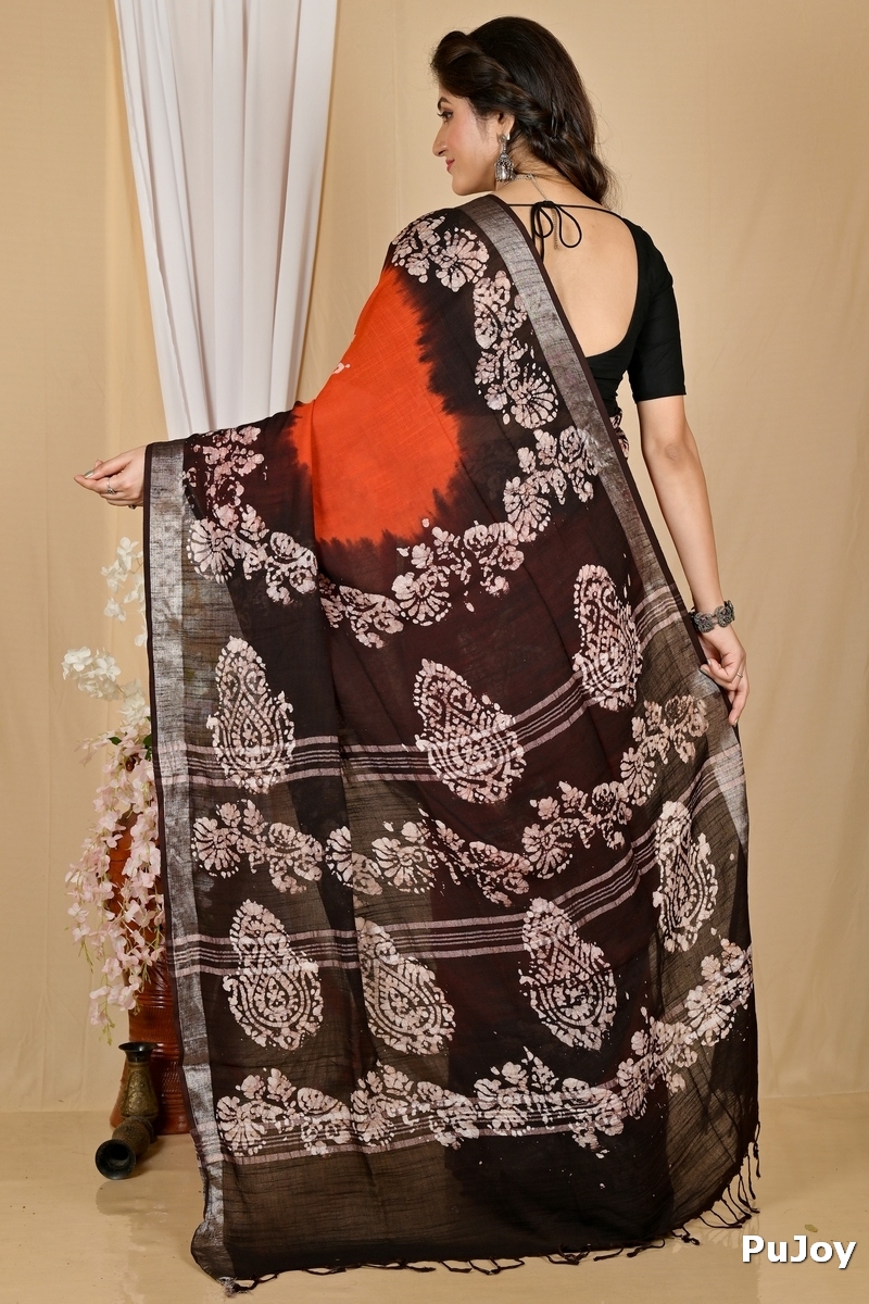 Orange Black Pure Cotton Batikato Batik Print Saree (1769)
