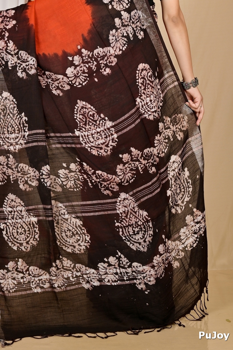 Orange Black Pure Cotton Batikato Batik Print Saree (1769)