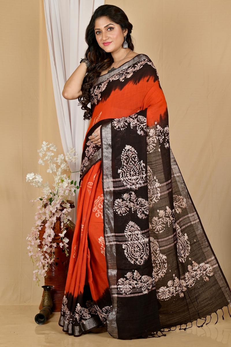 Orange Black Pure Cotton Batikato Batik Print Saree (1769)